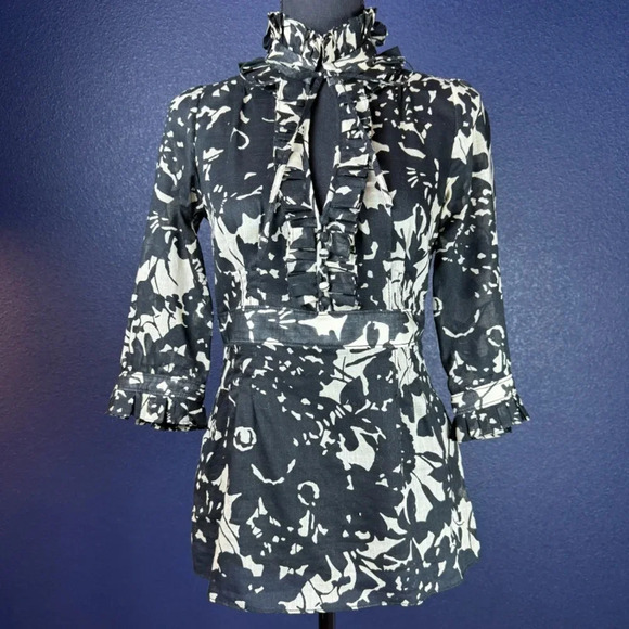 J. Crew Tops - J. Crew Black Floral Ruffle Neck Blouse Size 2